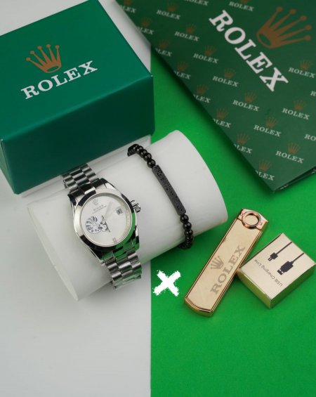 طقم ساعة + قداحة + سوارة  ( ماركة ) - rolex - فضي فضي ماكنه