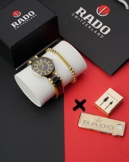 طقم ساعة + قداحة + سوارة  ( ماركة ) - rado - مكس اسود ذهبي