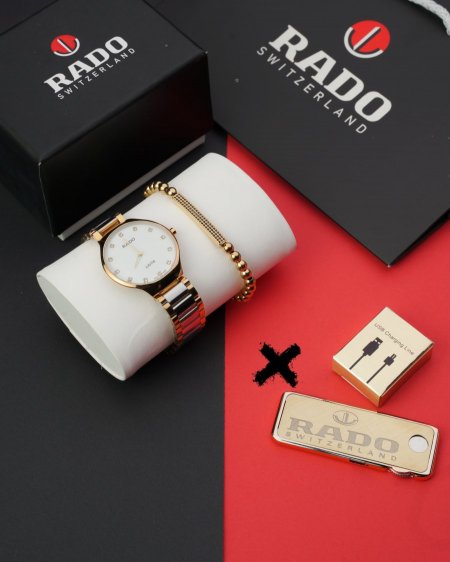 طقم ساعة + قداحة + سوارة  ( ماركة ) - rado - مكس ابيض زرقون