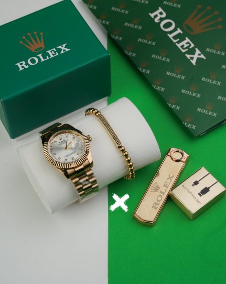 طقم ساعة + قداحة + سوارة  ( ماركة ) - rolex - ذهبي ابيض زرقون <br> <span class='text-color-warm'>نفدت الكمية</span>