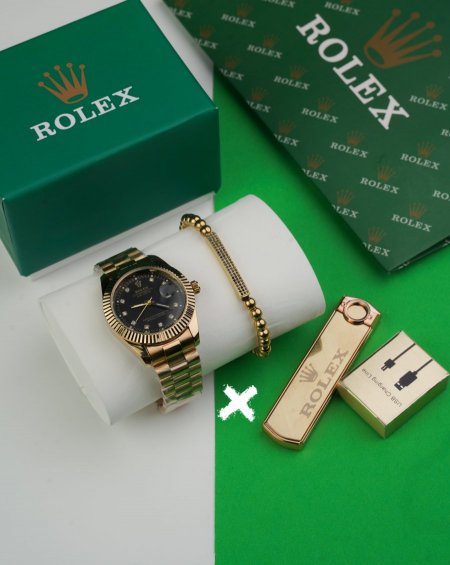 طقم ساعة + قداحة + سوارة  ( ماركة ) - rolex - ذهبي اسود زرقون <br> <span class='text-color-warm'>نفدت الكمية</span>