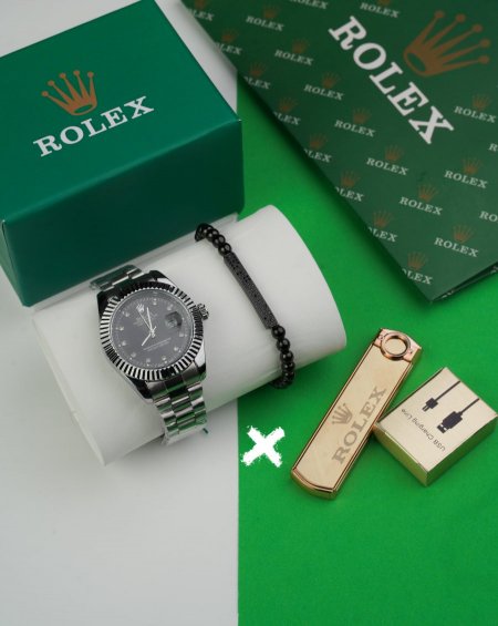 طقم ساعة + قداحة + سوارة  ( ماركة ) - rolex - فضيي اسود زرقون <br> <span class='text-color-warm'>نفدت الكمية</span>