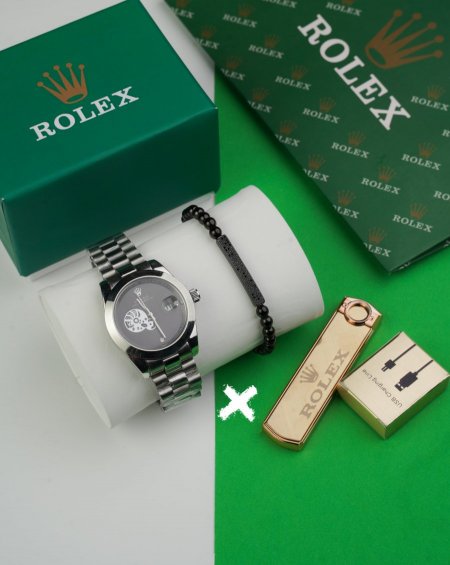 طقم ساعة + قداحة + سوارة  ( ماركة ) - rolex - فضي اسود ماكنه