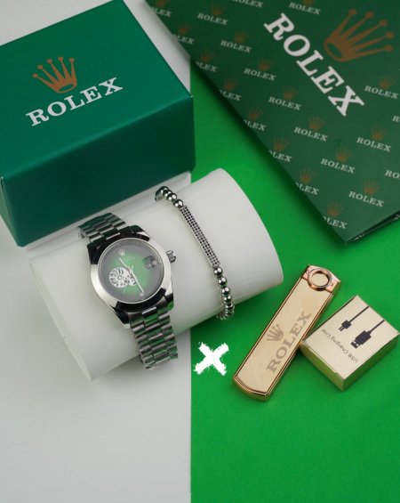 طقم ساعة + قداحة + سوارة  ( ماركة ) - rolex - فضي اخضر ماكنه <br> <span class='text-color-warm'>نفدت الكمية</span>