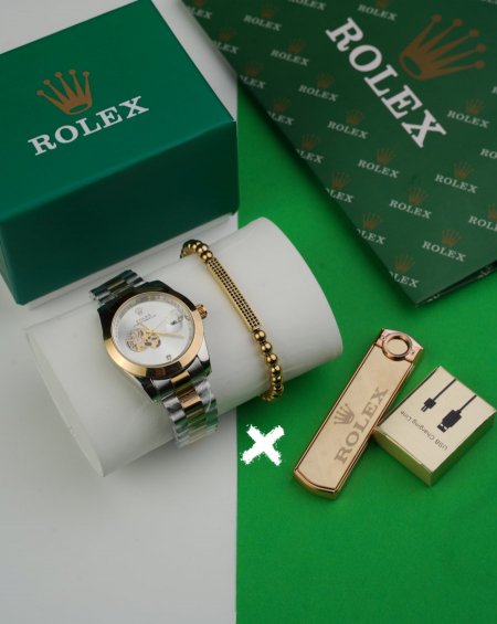 طقم ساعة + قداحة + سوارة  ( ماركة ) - rolex - مكس ابيض ماكنه