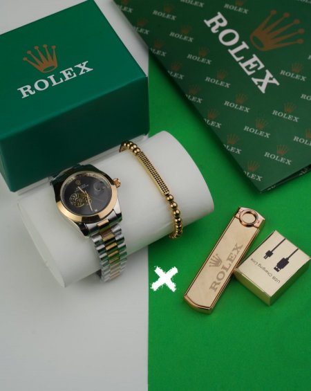 طقم ساعة + قداحة + سوارة  ( ماركة ) - rolex - مكس اسود ماكنه