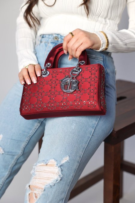 شنطة - Lady Dior زرقون / شامل علبة ( مستطيل )  - بورجاندي - زرقون فضي <br> <span class='text-color-warm'>نفدت الكمية</span>