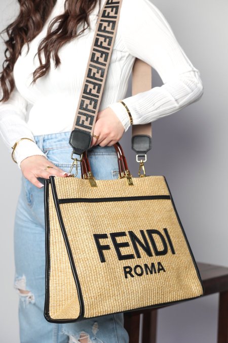 شنطة - Fendi sunshine - اسود - قش بيج