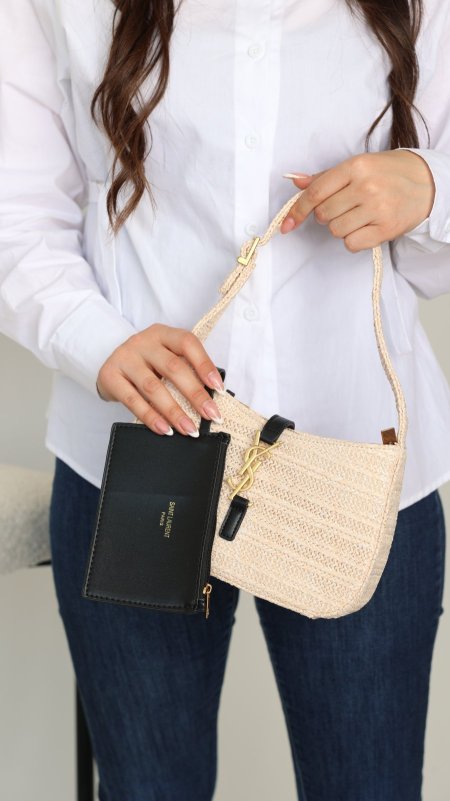 شنطة قش - YSL  A7 / شامل علبة - بيج / اطار اسود