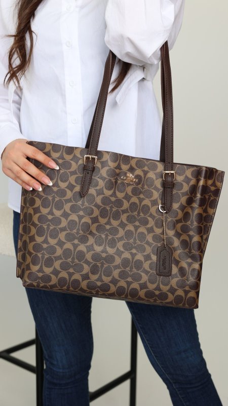 شنطة - Coach Tote Bag / حجم كبير - شعار بني غامق مع فاتح