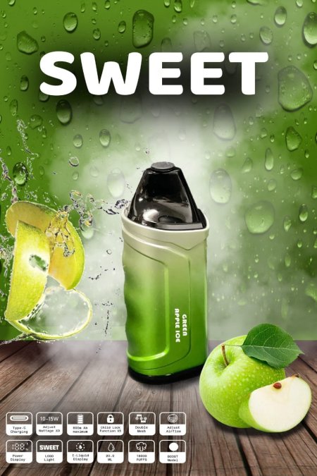 سيجارة الكترونية - Sweet Vape / ١٨ الف سحبة  - Green apple ice - التفاح الاخضر المثلج