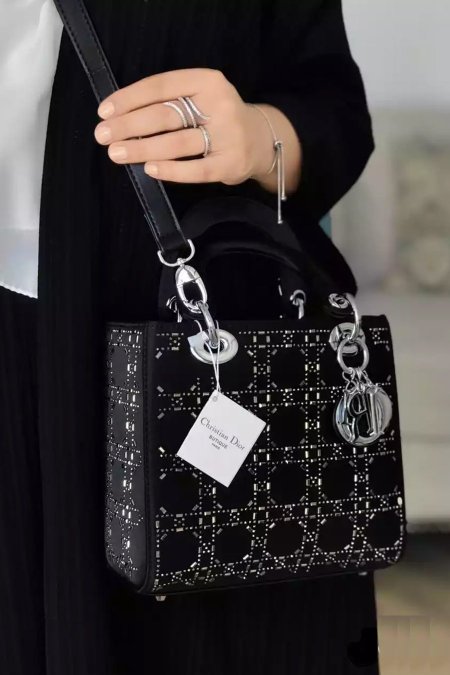 شنطة - Lady Dior زرقون / شامل علبة ( مربع  ) - اسود - زرقون فضي