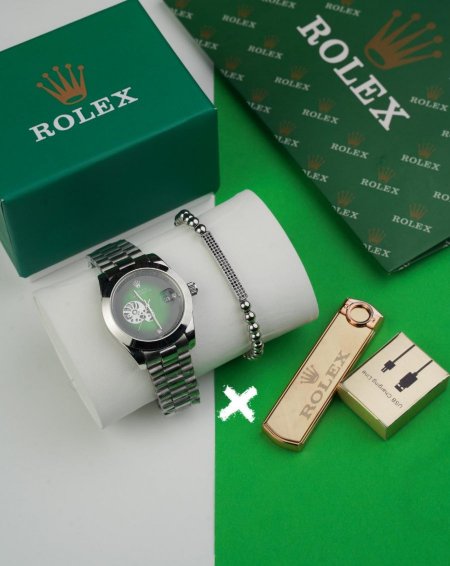 طقم ساعات رجالي - Rolex  - فضي مع اخضر <br> <span class='text-color-warm'>نفدت الكمية</span>