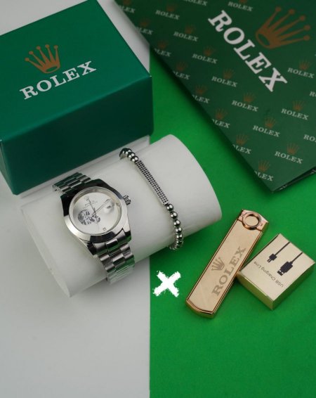 طقم ساعات رجالي - Rolex  - فضي مع ابيض